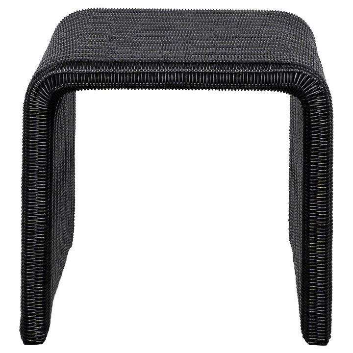 Gigi 22 Inch Side End Table, Black Woven Rattan, Square Waterfall Edges - Benzara