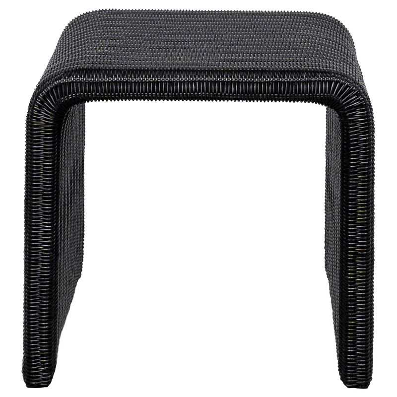 Gigi 22 Inch Side End Table, Black Woven Rattan, Square Waterfall Edges - Benzara