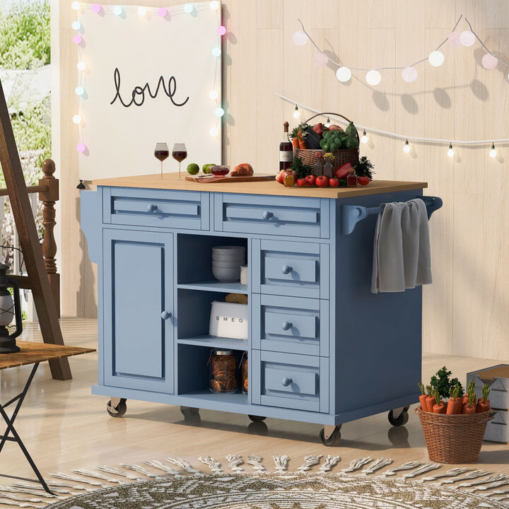 Streamdale Blue Rolling Kitchen Island with Rubberwood Top - 53