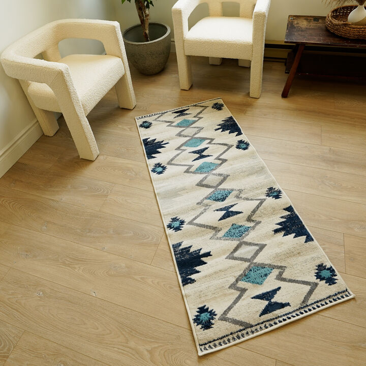Savannah Boho Contemporary Blue Beige Indoor Runner Rug