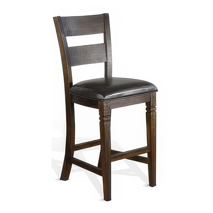 Flint Barstool Chair, Ladderback, Black Vinyl, Dark Brown Mahogany - Benzara