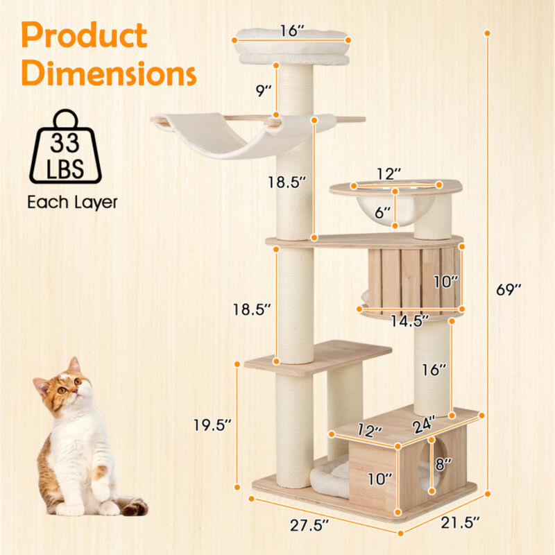 Tall Cat Tree with Cozy Top Perch and Washable Plush Cushions