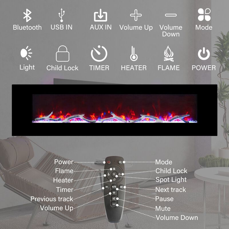 72 Inch 1500W Wall-Mount Fireplace with Multicolor Flame
