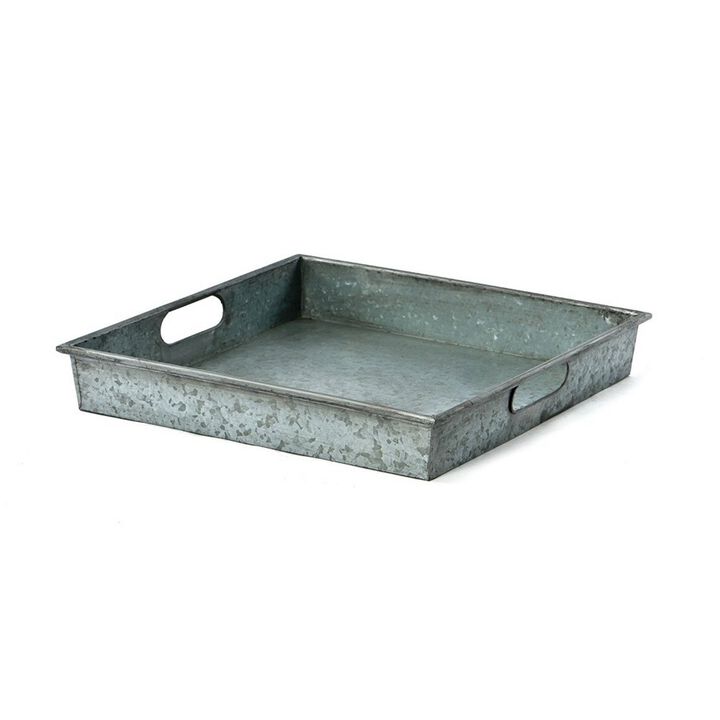 Benzara Square Galvanized Metal Tray With Handle, Gray-Benzara