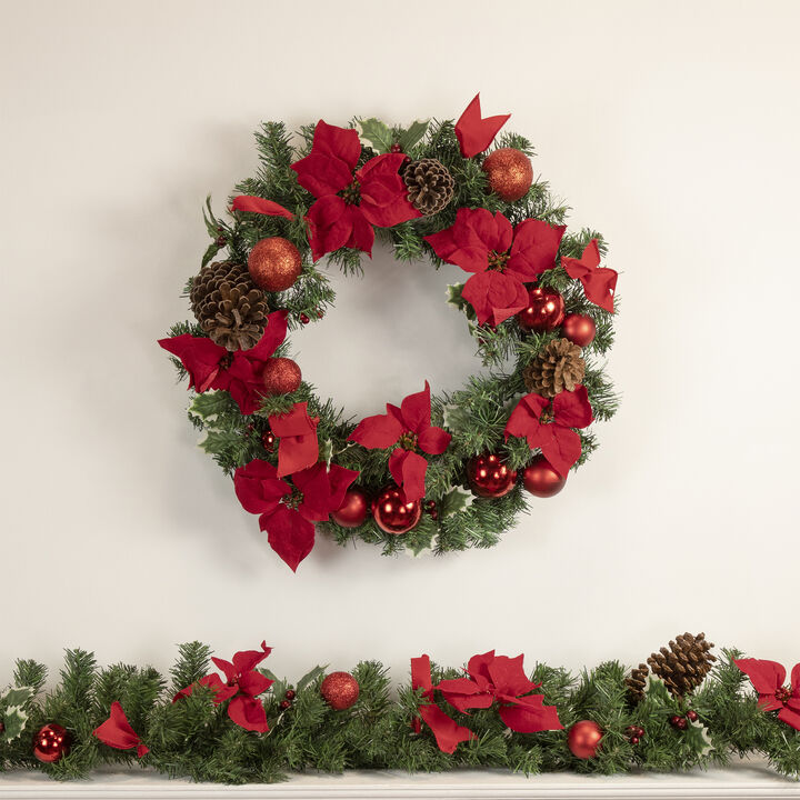 6' x 9" Red Pre-Decorated Poinsettia and Pine Cone Artificial Christmas Garland - Unlit
