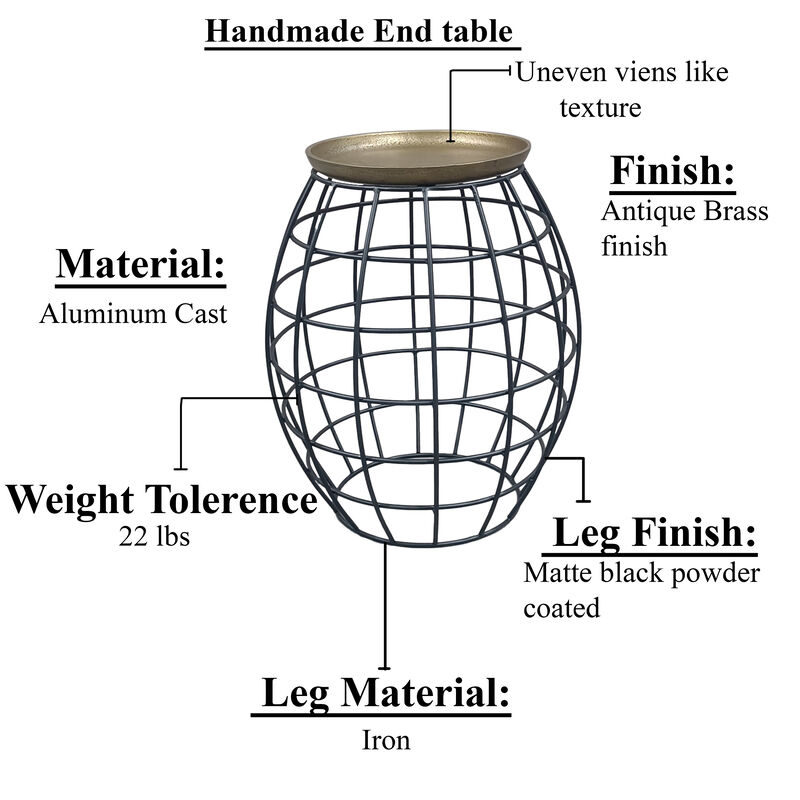 2 Piece Coffee Table and End table Set, Round Antique Brass Tray Top, Curved Cage Design Black Iron Base