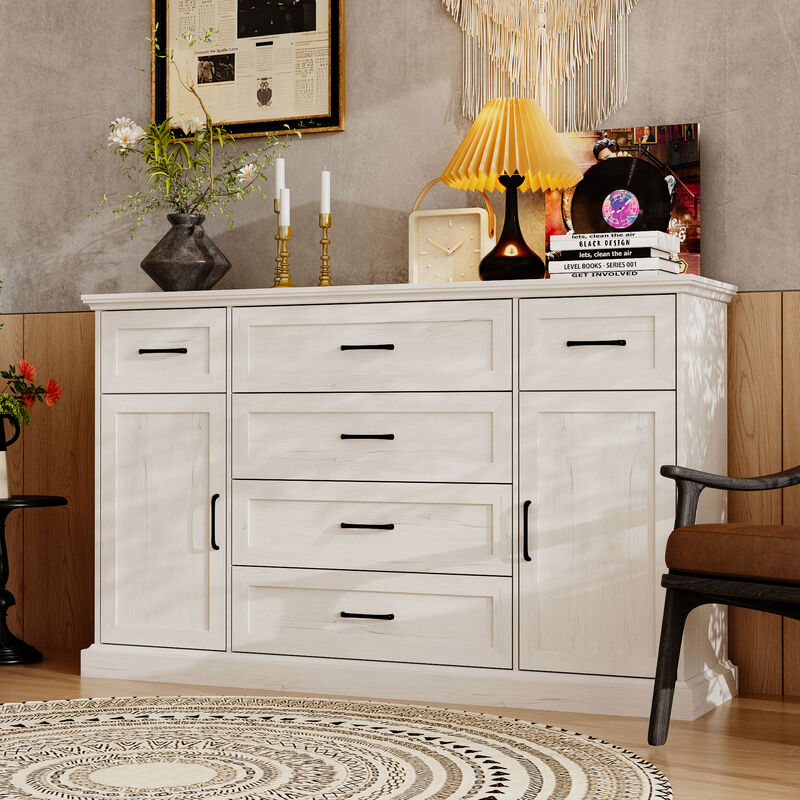 61" W Farmhouse Sideboard Buffet Storage Cabinet Credenza with 6 Drawers, 4 Shelves & 2 Doors, Wooden Coffee Bar Cabinet for Dining Room Kitchen Living Room