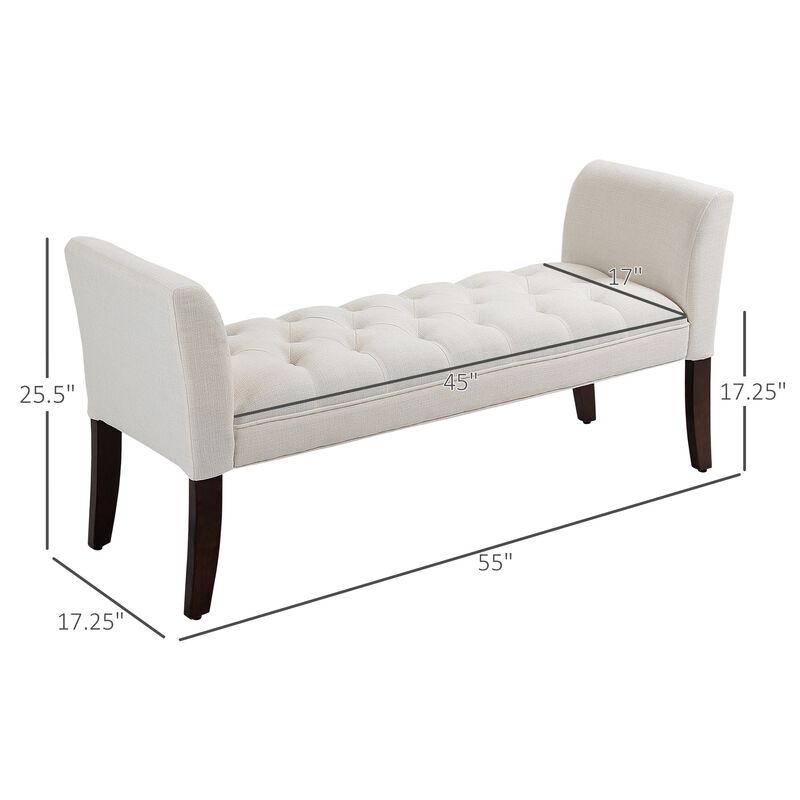 Cream White Bed Seating: Tufted Bench with Arms & Solid Wood Legs