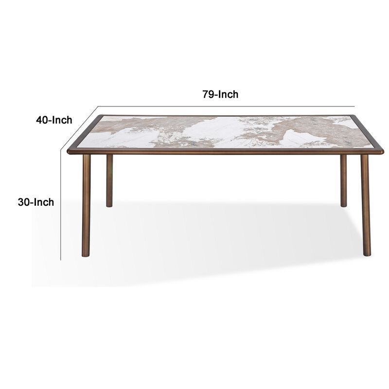 Zame 79 Inch Dining Table, Rectangular White Stone Top, Steel Legs, Bronze - Benzara
