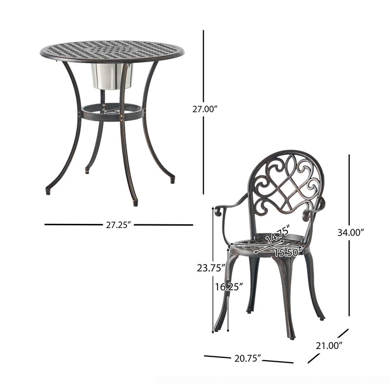 Outdoor Bistro Table Set with 2 Chairs and an Ice Bucket, Coppertone - Benzara
