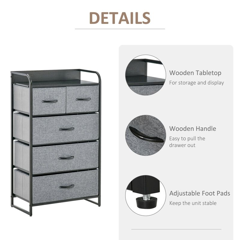 Gray Bedroom Organizer: 5-Drawer Dresser with Steel Frame and Wooden Top