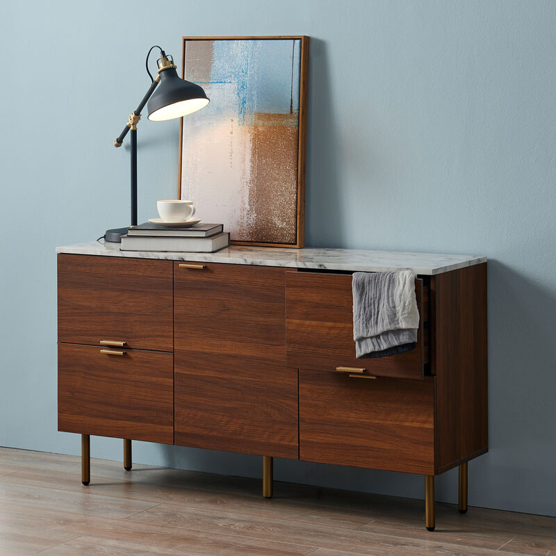 Teamson Home Ashton Rectangular Wood Sideboard with Marble-Look Top and Metal Legs