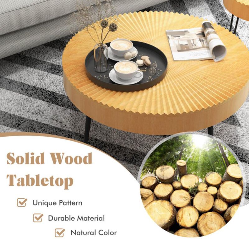 Hivvago Set of 2 Boho Round Coffee Table with Solid Pine Wood Top and Metal Legs