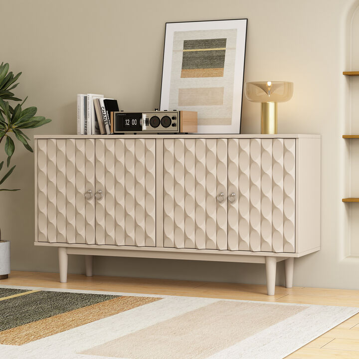 Clihome Modern 4-door Sideboard with Convex Pattern Doors and 2 Silver Handle for Living Room, Dining Room, Kitchen (Almond)