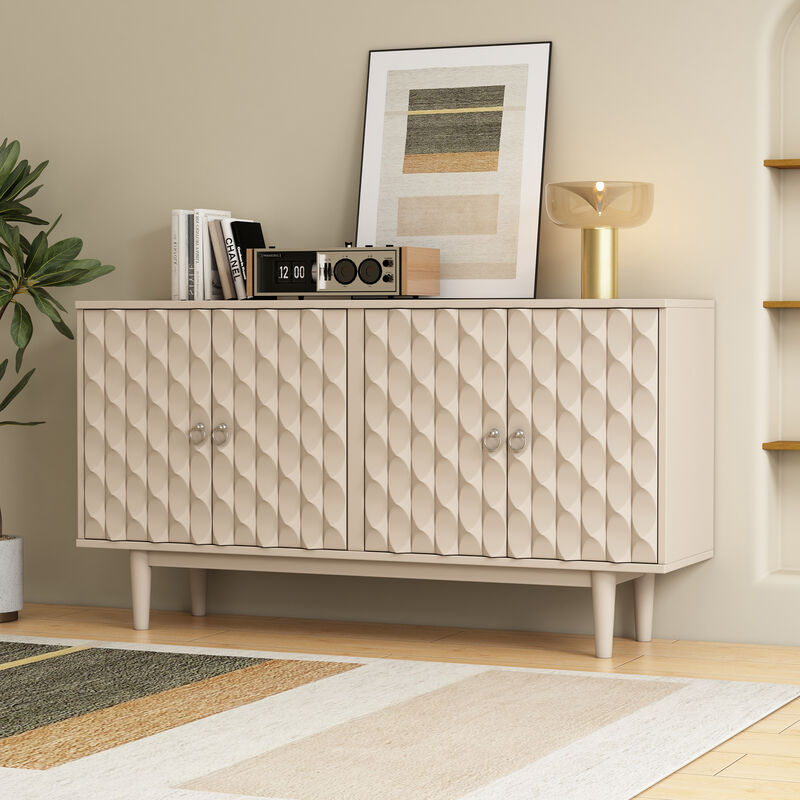 Clihome Modern 4-door Sideboard with Convex Pattern Doors and 2 Silver Handle for Living Room, Dining Room, Kitchen (Almond)
