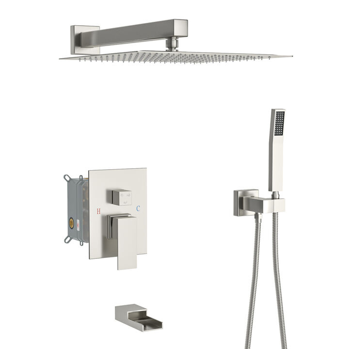 10" Rain Shower Head Systems With Waterfall Tub Spout, Brushed Nickel, Ceiling Mounted Shower