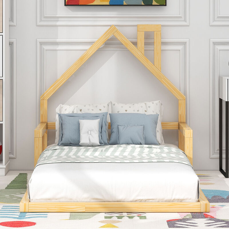 Merax Wood Floor Bed with House-shaped Headboard
