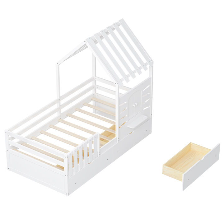 Merax House Platform Bed with 2 Drawers and Guardrails