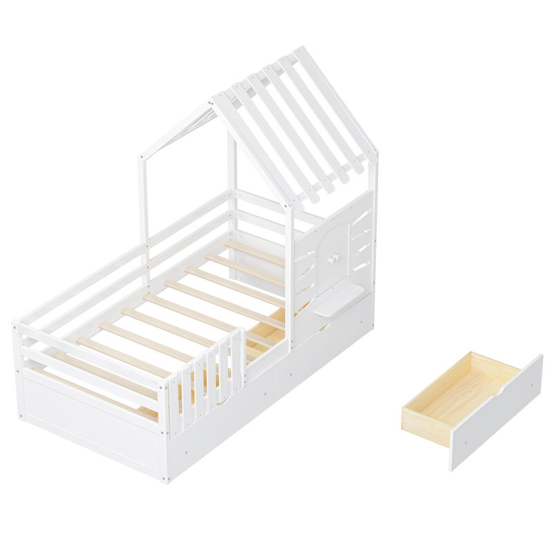 Merax House Platform Bed with 2 Drawers and Guardrails