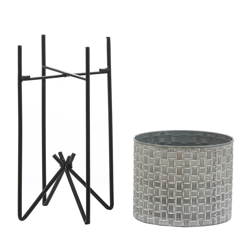 LuxenHome Set of 2 Gray and Black Metal Cachepot Planters with Stands