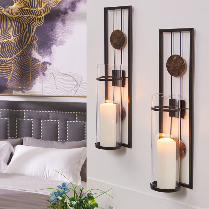 20 in. Modern Floating Decorative Metal Medallion Pillar Candle Sconces Wall Mount  Set of 2