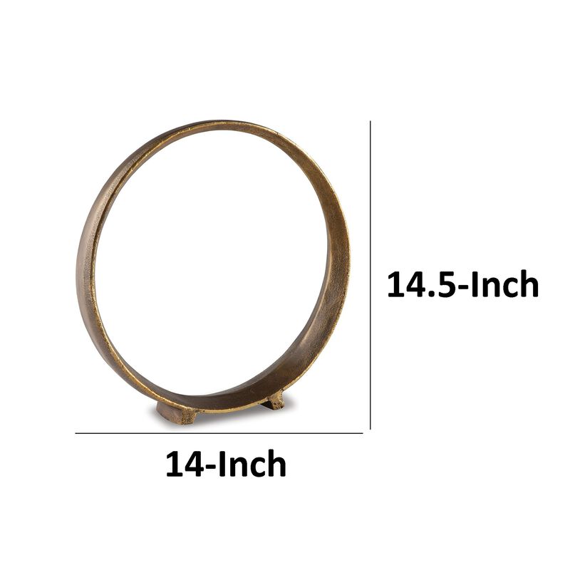 Dalie 15 Inch Sculpture, Set of 2, Round, Antique Brass Tone Cast Aluminium - Benzara