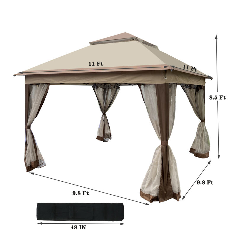 Outdoor 11X 11FT Pop Up Gazebo Canopy With Removable Zipper Netting, 2-Tier