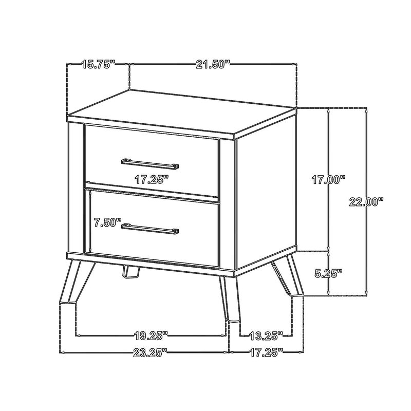 Wemy Nightstand with 2 Drawers, Metal Legs, Weathered Brown Pine Wood - Benzara