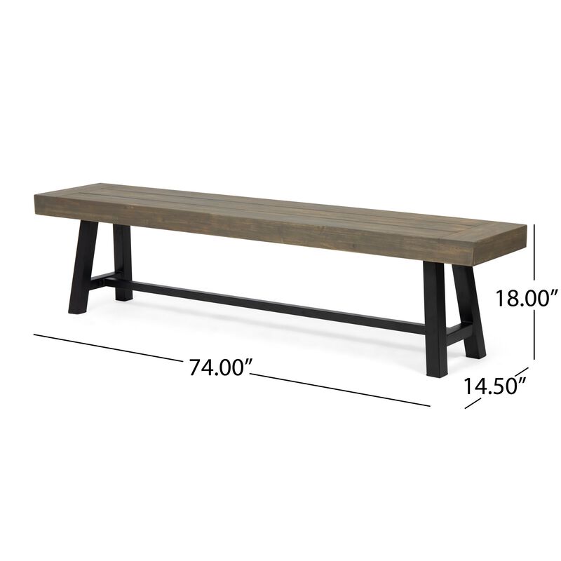 Leslee Outdoor Dining Bench, 74 Inch, Black Trestle Legs, Gray Wood - Benzara