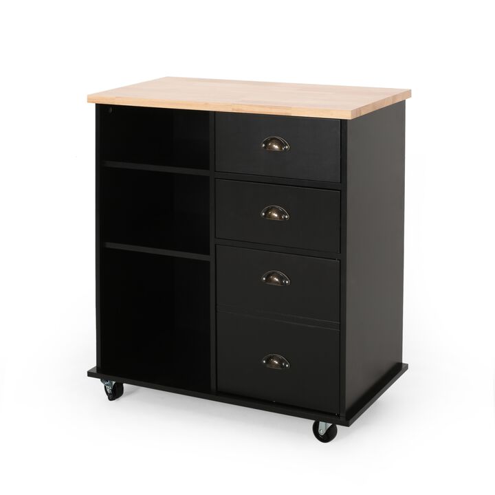 Rolling Kitchen Island Bar Cart w Drawers, Shelves, Brown n Black - Benzara