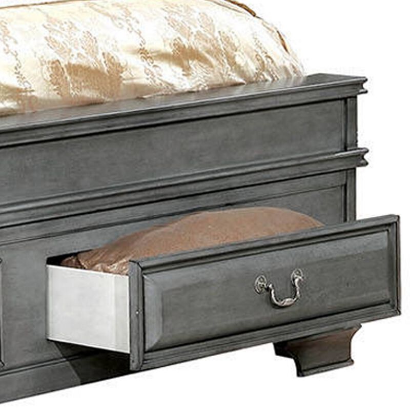 Transitional Eastern King Wooden Bed with Multiple Bottom Drawers, Gray-Benzara