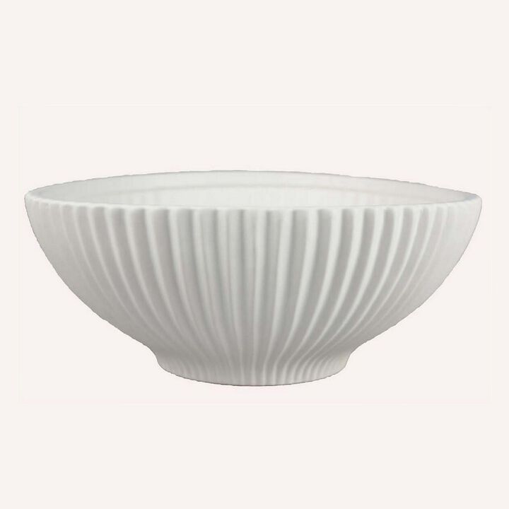 Zinia Decorative Bowl, Glossy White Ceramic Fluted Texture, 13 Inch - Benzara
