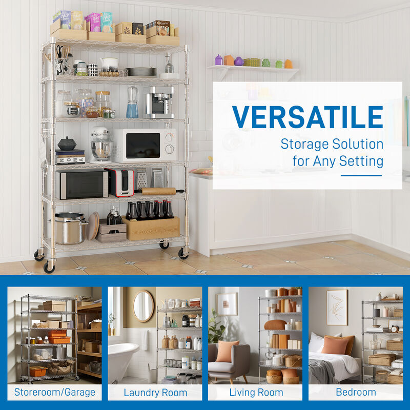 6-Tier Shelving Unit Disassemblable Storage Rack with Wheels for Easy Mobility