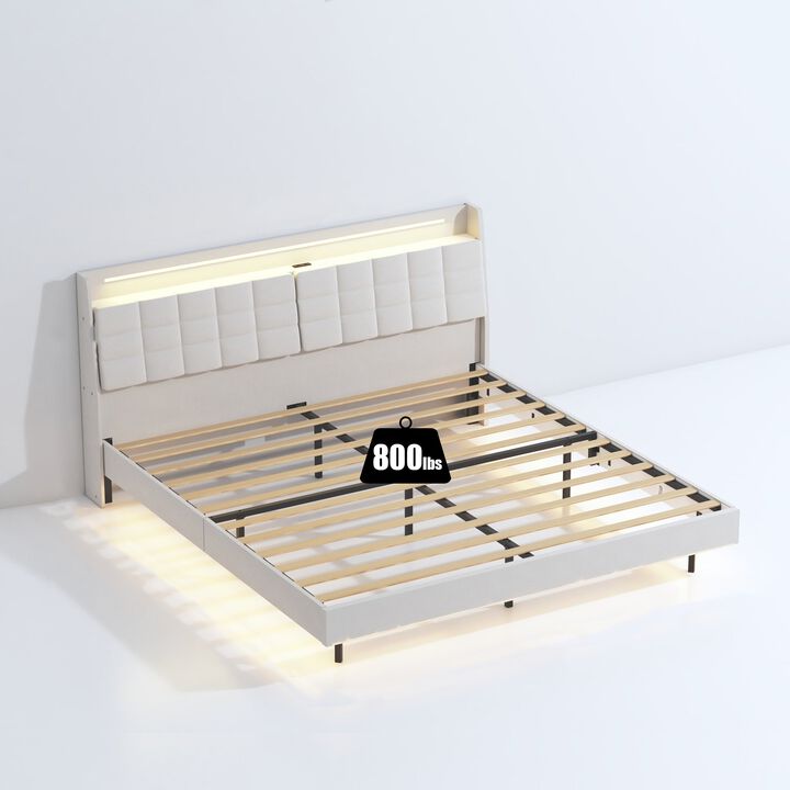 MONDAWE King Floating Bed Frame with LED Light and Charging Station with Headboard and Hidden Storage Space