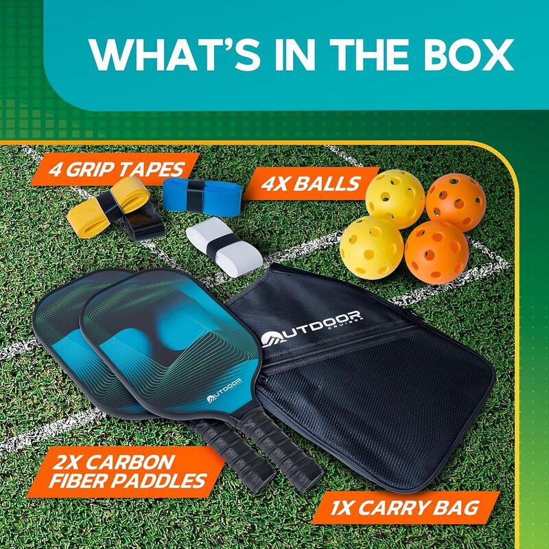 Outdoor Cruiser Pickleball Paddle Set – USAPA Approved, Premium Fiberglass Paddles with Lightweight Shock-Absorbing Grip, Includes 2 Rackets, 4 Balls, Grip Tapes, and Sling Carry Bag