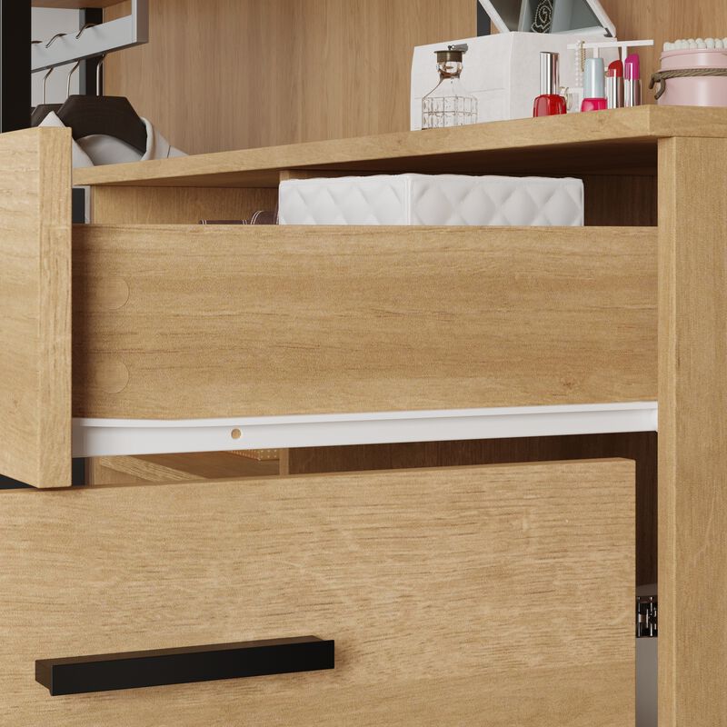 FUFU&GAGA Wardrobe with Storage Cabinet, Adjustable Shelves & Drawers, Modern Farmhouse Closet for Bedroom, Entryway, Home, (35.4" W x 34.1" H x 17.7" D), Rustic Oak & Black