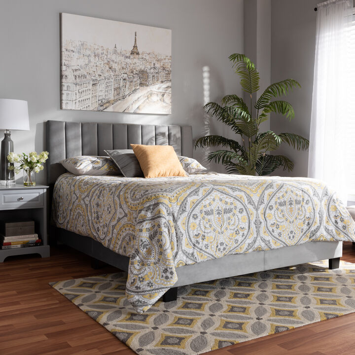 Baxton Studio Clare Velvet Upholstered Queen Size Panel Bed with Channel Tufted Headboard