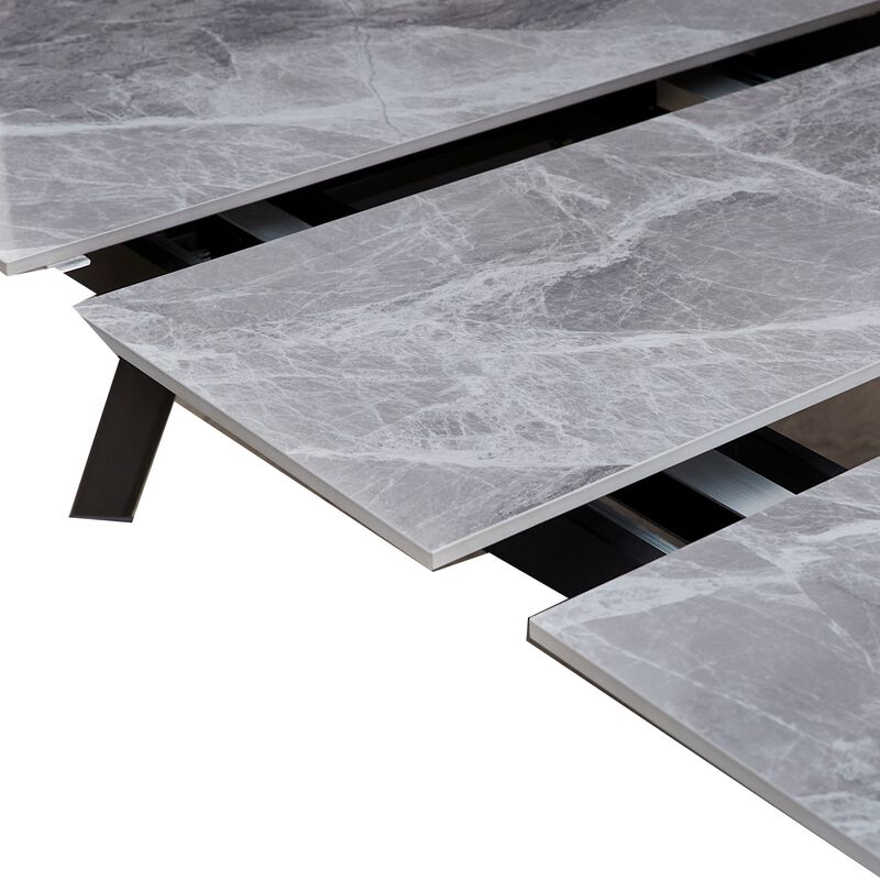 79 Inch Extendable Modern Dining Table, Textured Stone Surface, Warm Gray - Benzara