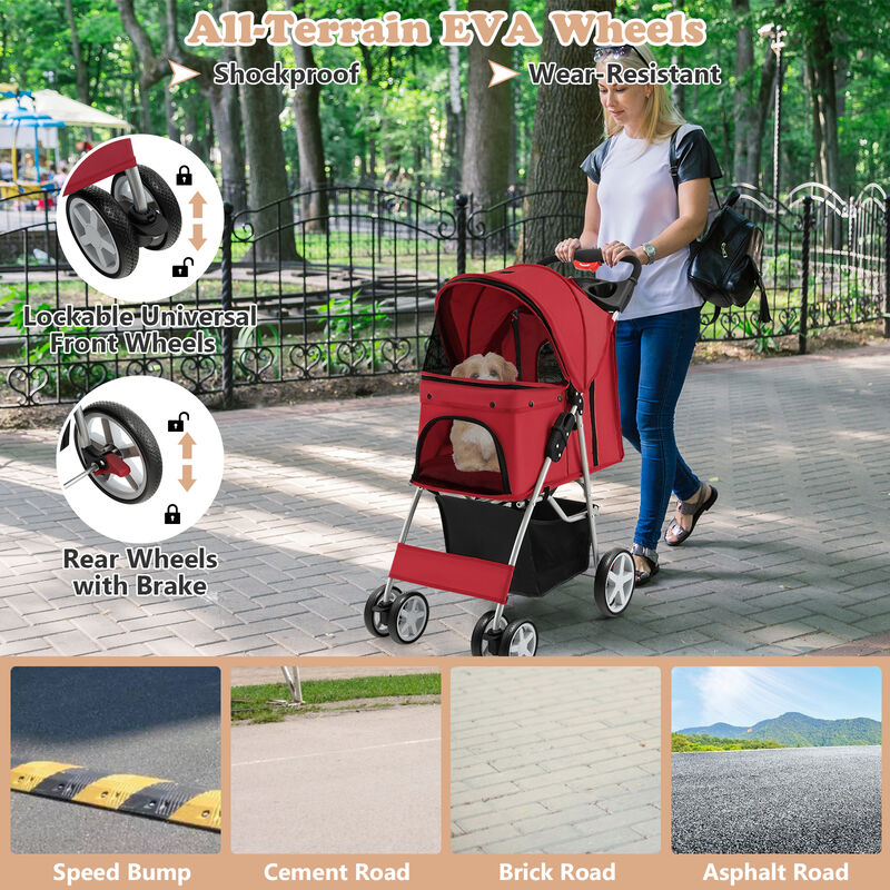 Folding Pet Stroller with Storage Basket and Adjustable Canopy-Gray