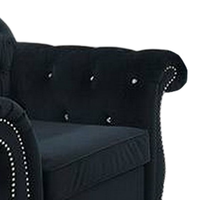 Rima 51 Inch Classic Accent Chair, Velvet Upholstery, Rolled Arms, Black-Benzara