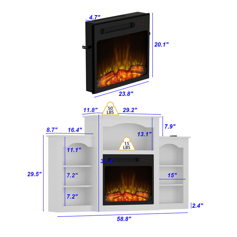 FUFU&GAGA Modern Fireplace TV Stand with Shelves and Electric Fireplace Insert, (58.8" W x 11.8" D x 37.4" H), White