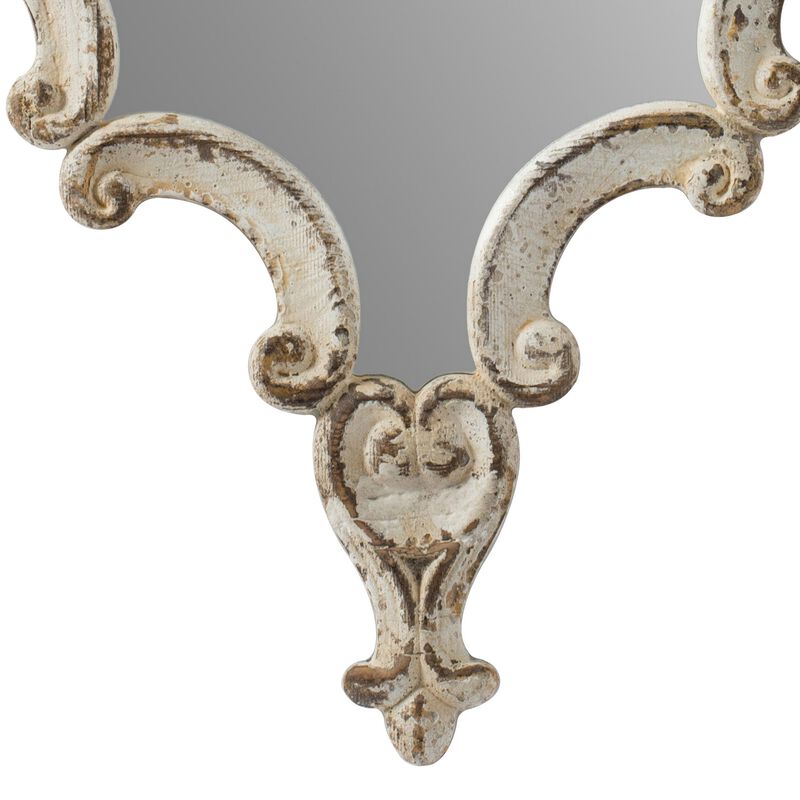 30 Inch Accent Wall Mirror, Carved Ornate Scrollwork Antique White Fir Wood