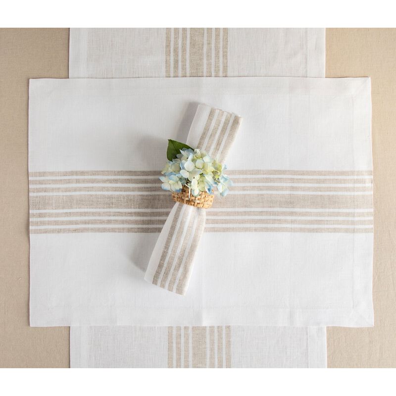 Solino Home 100% Pure Linen Stripe Placemats 14 x 19 Inch Set of 4 | Farmhouse