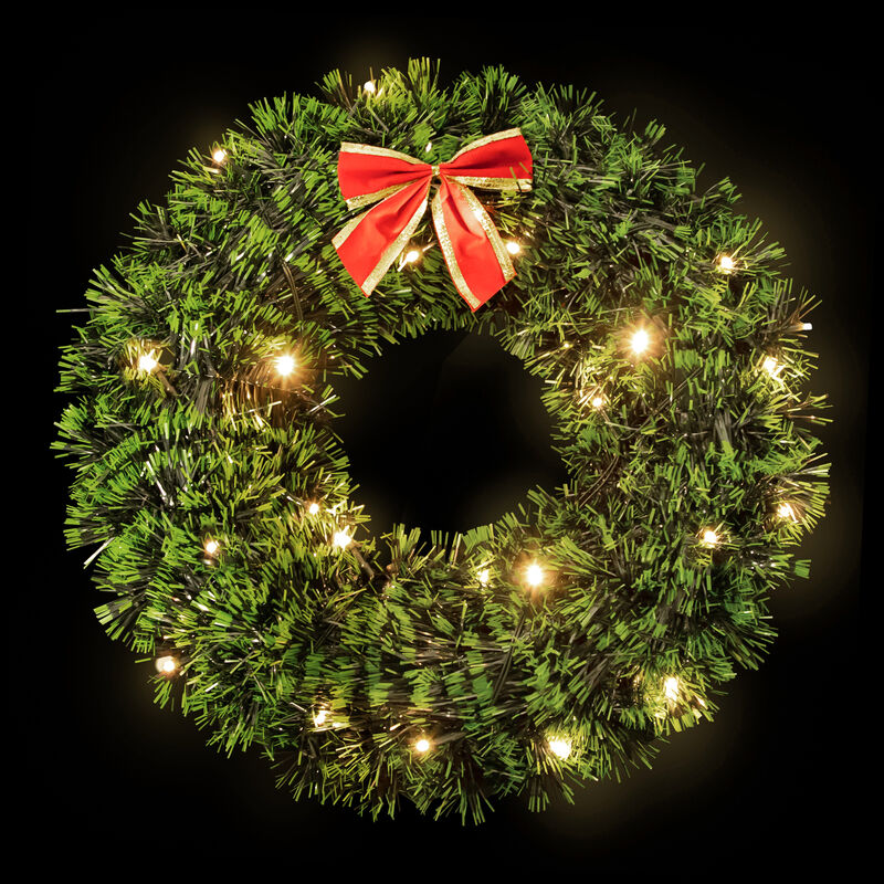 17-Inch Pre-Lit Green Tinsel Artificial Christmas Wreath with Bow - Clear LED Lights
