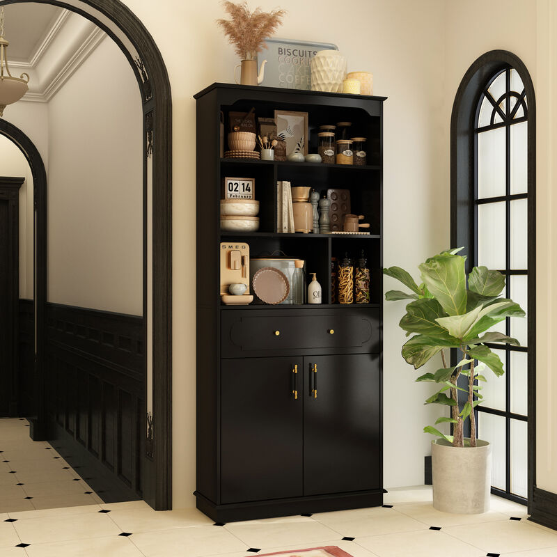 FUFU&GAGA Multi-Tier Storage Cabinet with One Drawer and Two Doors (31.5" W x 11.1" D x 71" H),Black