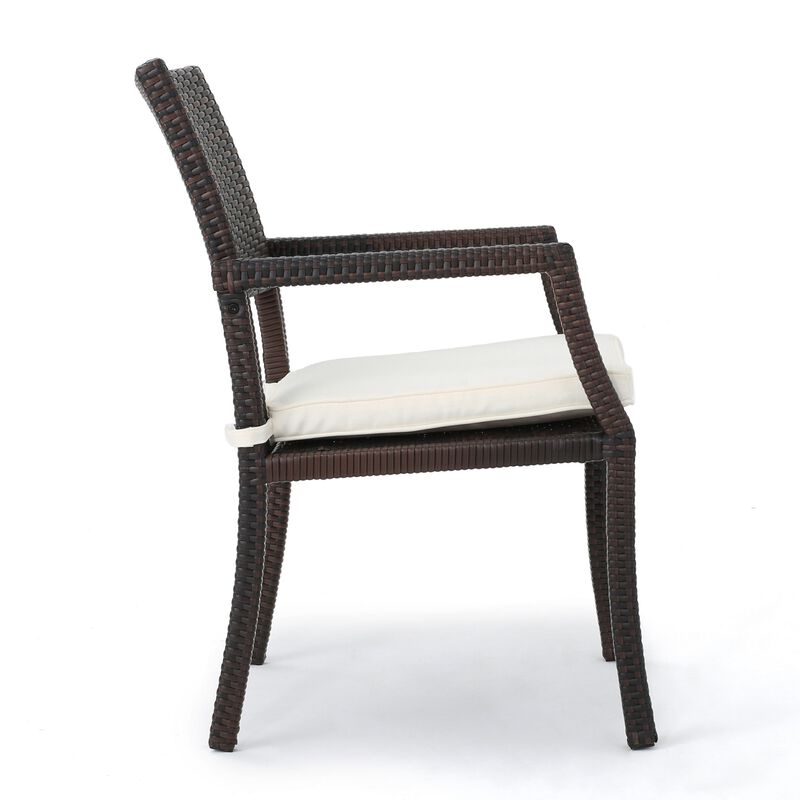 Roeh Outdoor Dining Chair Set of 2, Contemporary Wicker and Brown Fabric