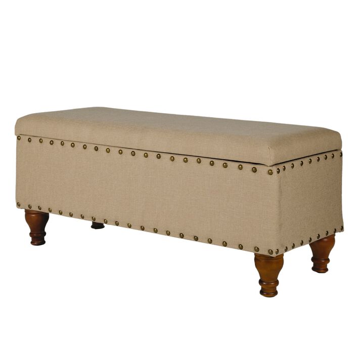 Fabric Upholstered Wooden Storage Bench With Nail head Trim, Large, Tan Brown - Benzara