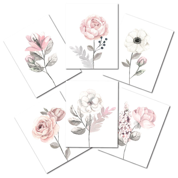 Lambs & Ivy Watercolor Floral Unframed Nursery Child Wall Art 6pc - Pink/Gray