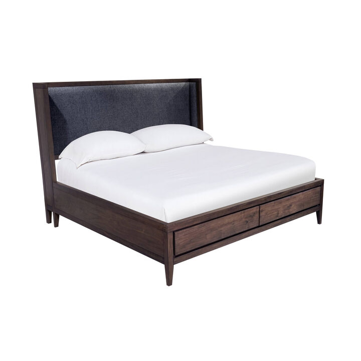 Enzo Queen Storage Bed, Linen Upholstered Headboard, Brown Mahogany Wood  - Benzara