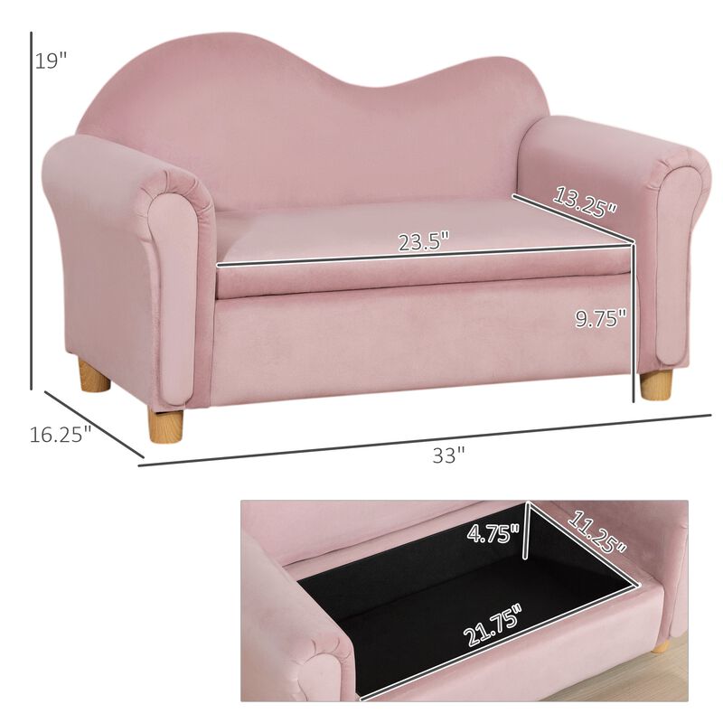 Ergonomic Foam Kids Sofa with Inner Toy Storage Chest, Velvet Kids Couch with Soft Arms, Children's Lounge Furniture